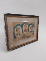 Framed coloured print of the Manchester Martrys Larkin Allen and O'Brien. {42 cm H x 55 cm W}.