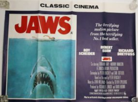Jaws film poster Thriller/Adventure starringRoy Scheider & Richard Dreyfuss. { 76 cm H x 100 cm W}.
