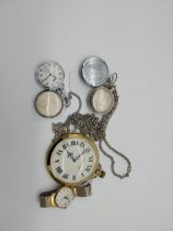 Two Hunter white metal pocket watches, Two white metal fob watches with neck chains and Large travel
