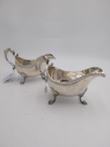 Rare pair of George II Irish silver sauce boats , the deep oval bellied form with applied gadroon