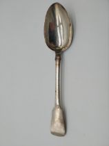 Irish silver table spoon. Hallmarked in Dublin 1805. Maker L Nowlan Retailer C. Stewart. Wt: 86grms.