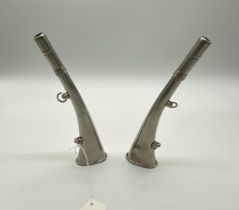 Pair of EPNS hunting horns. { 22cm L }.
