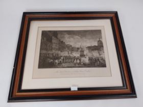 Framed black and white print The Irish Volunteers on College Green. {63 cm H x 74 cm W}.