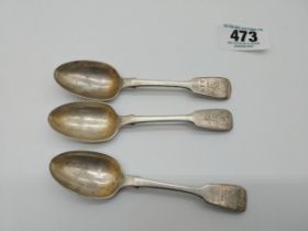 Three Irish Silver teaspoons Hallmarked Dublin 1884. Maker John Smith Wt: 85grms.
