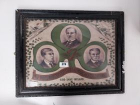 Framed coloured print of the Three Martyrs executed Manchester. {46 cm H x 60 cm W}.
