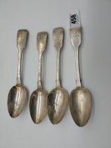 Four English silver table spoons. Hallmarked in London Maker Jonathan Hayne. Wt: 277grms.