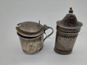 English silver mustard pot with Bristol blue glass liner. Hallmarked in Birmingham 1908. Marker E.