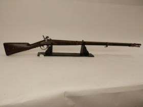 19th C. percussion capped long barrelled rifle. {146 cm L}.