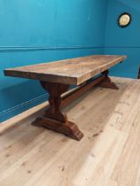 Good quality early 20th C. oak refectory table on single carved stretcher. {79 cm H x 282 cm W x