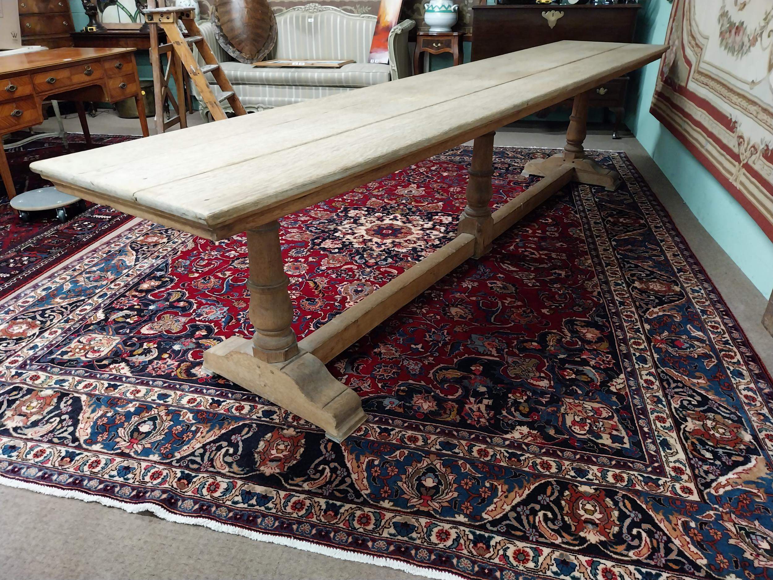 Exceptional quality bleached oak refectory table with two plank top raised on turned columns and - Image 8 of 9