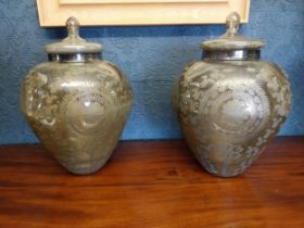 Pair of Edwardian mercury glass lidded vases {46 cm H x 35 cm Dia.}.