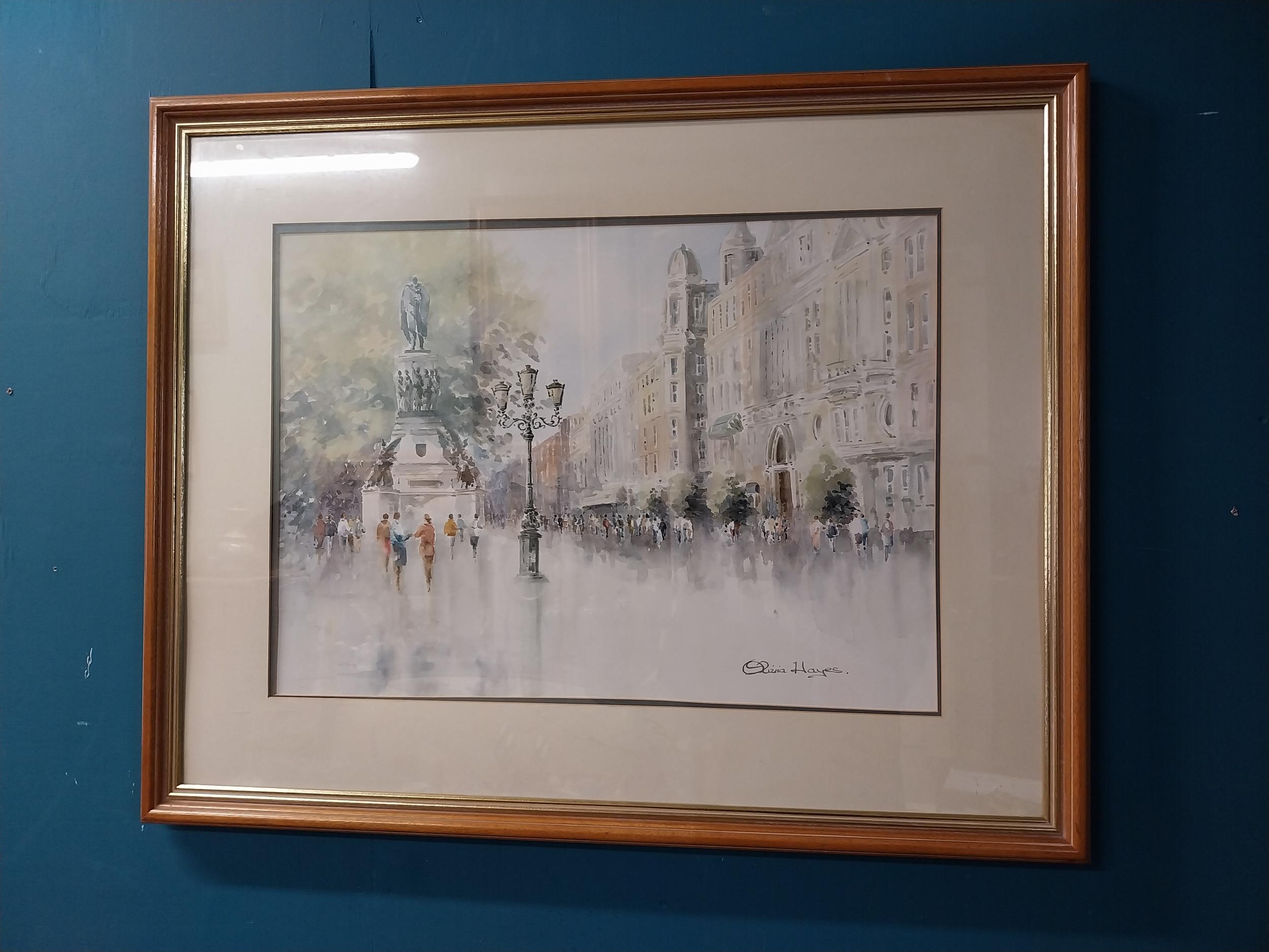 Olivia Hayes 'Town Square' watercolour mounted in wooden frame {80 cm H x 100 cm W}. - Image 2 of 5