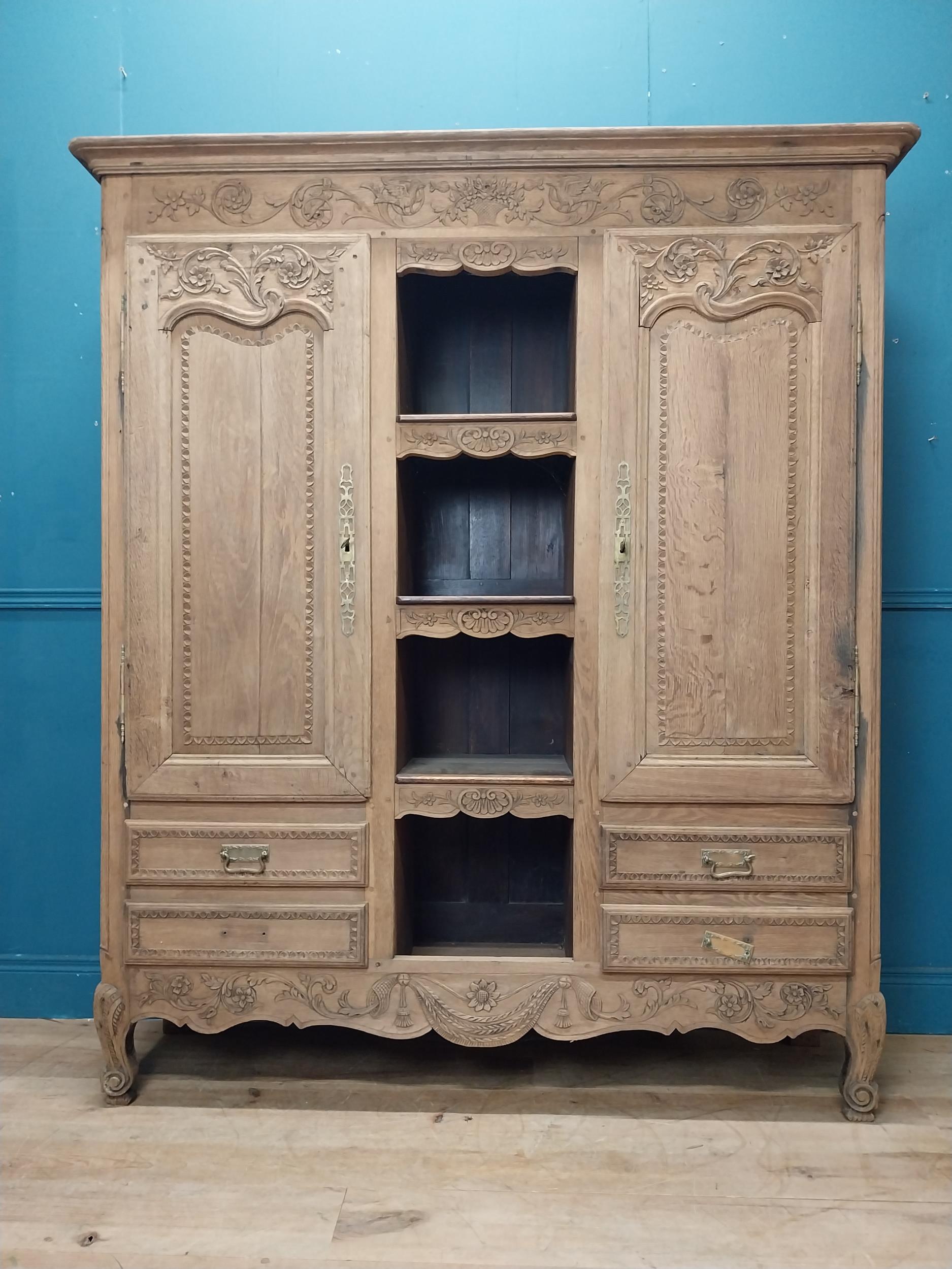 19th C. bleached oak kitchen cabinet with four open shelves in middle surrounded by two short - Image 4 of 11