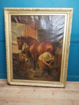 19th C. oil on canvas in gilt frame - The Farrier. {161 cm H x 130 cm W x 6 cm D}.
