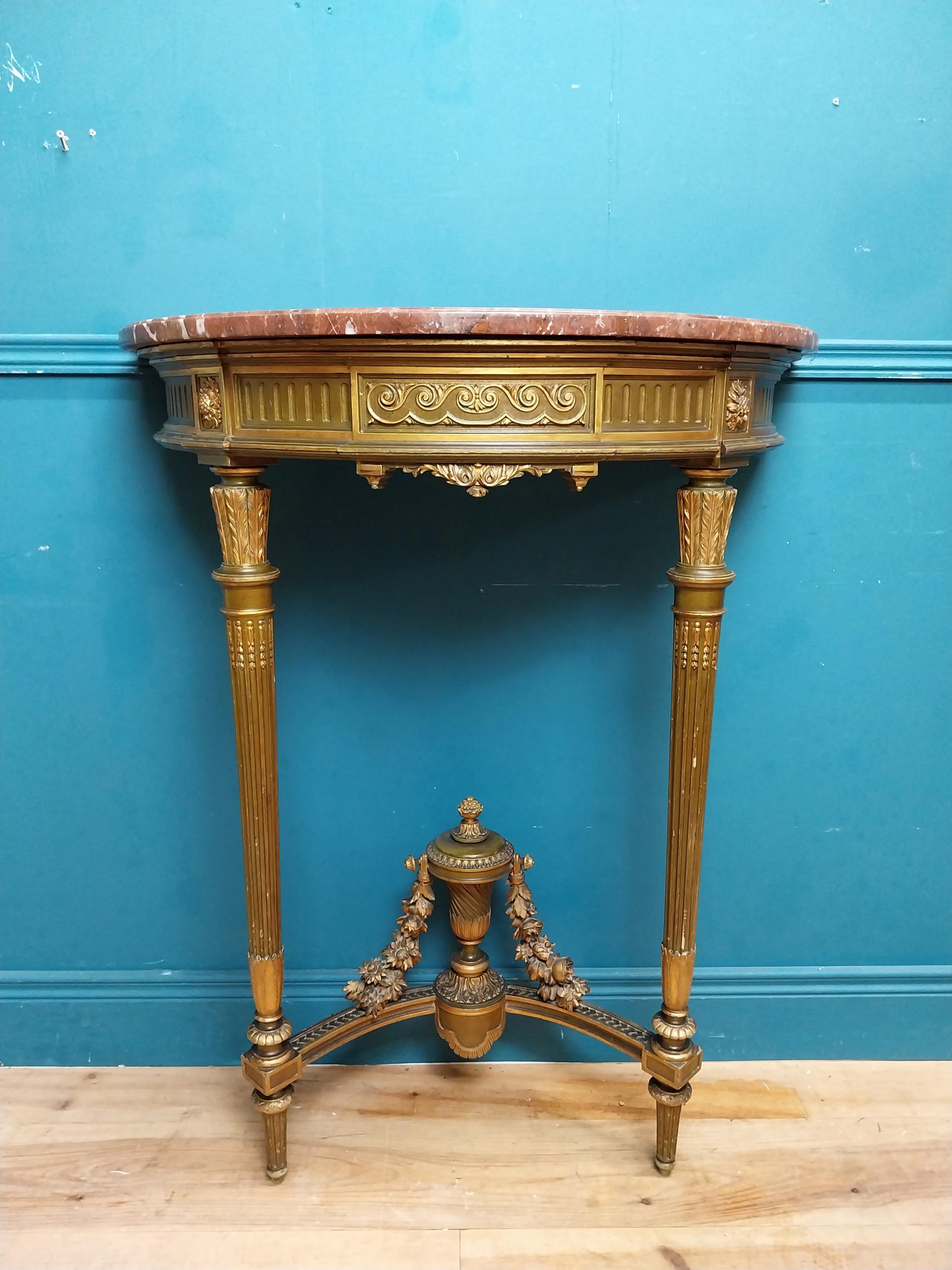 Good quality giltwood and painted console table with marble top on tapered reeded legs. {101 cm H