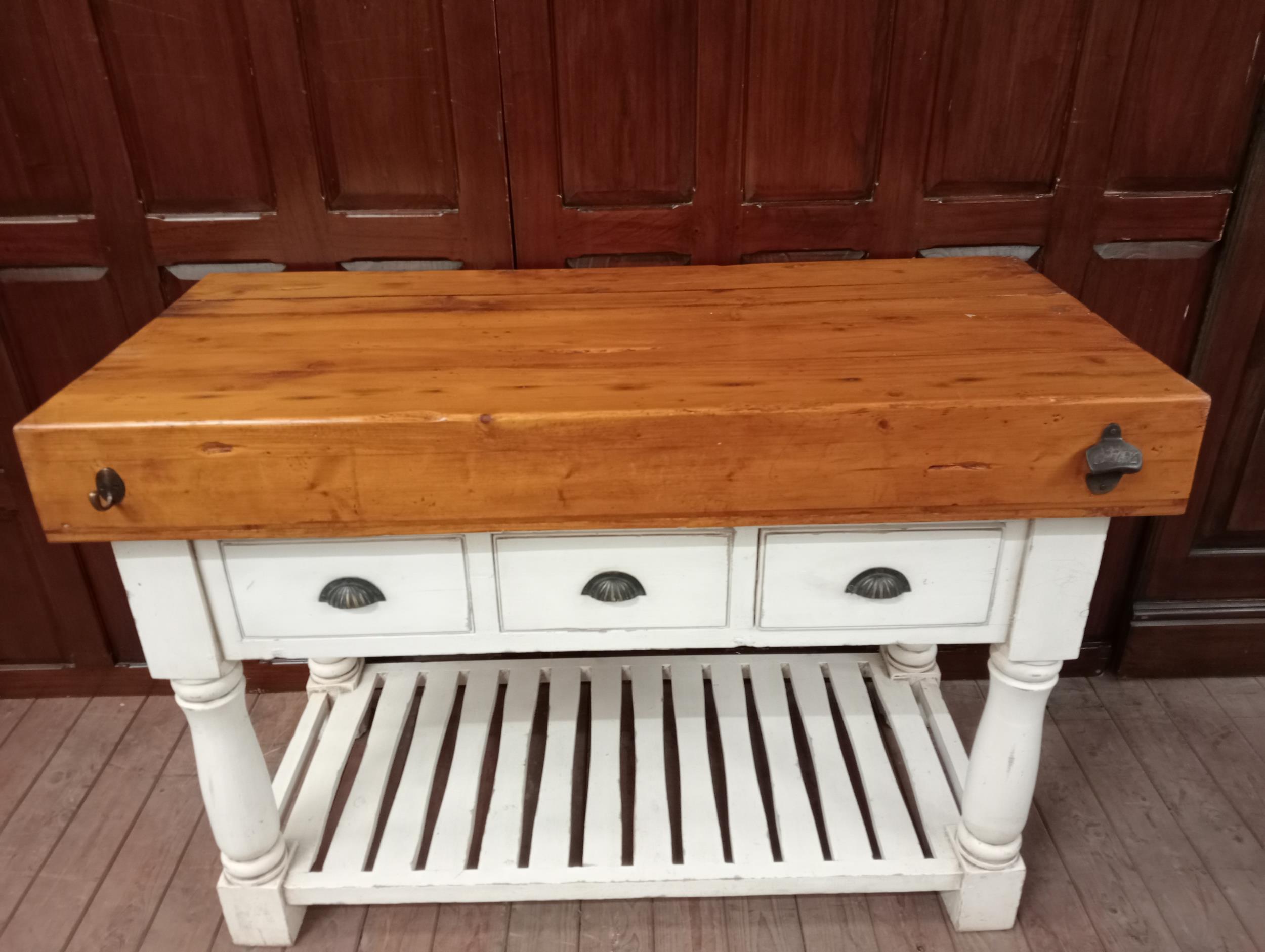 Butchers block with three short drawers raised on turned legs {H 90cm x W 130cm x D 59cm }. - Image 2 of 6