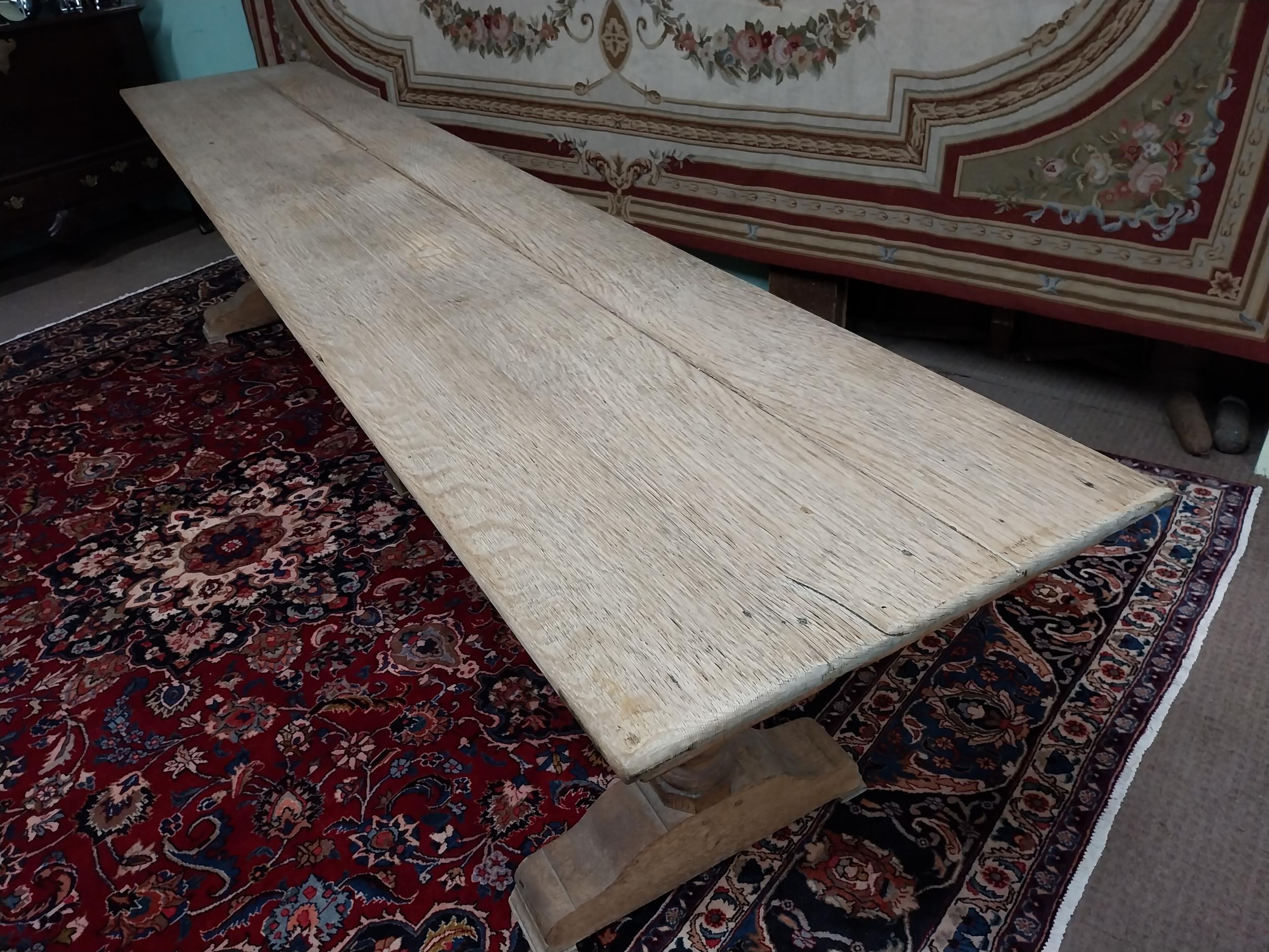 Exceptional quality bleached oak refectory table with two plank top raised on turned columns and - Image 4 of 9