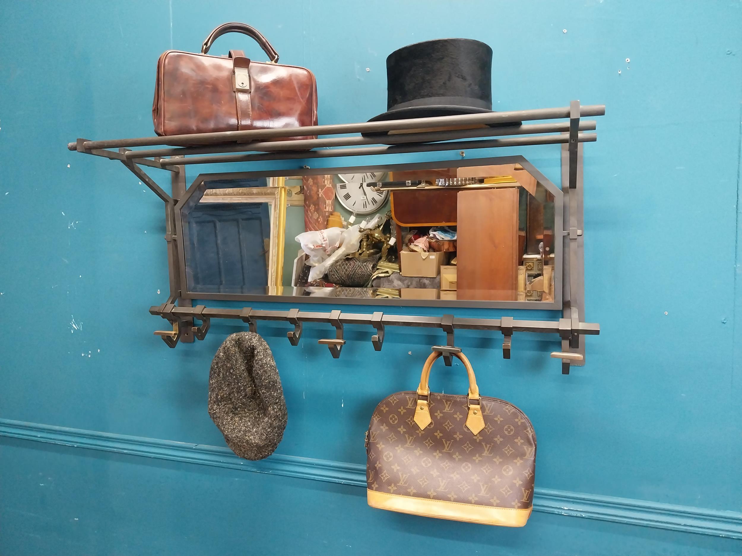 Rare early 20th C. bronze luggage and coat rack with mirror. {50 cm H x 101 cm W x 30 cm D}.