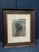 Old cricket print mounted in wooden frame {H 41cm x W 36cm }.