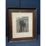 Old cricket print mounted in wooden frame {H 41cm x W 36cm }.