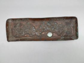 Unusual copper tray with Scholarly Scenes and inset compass. {25 cm L x 9 cm H}.