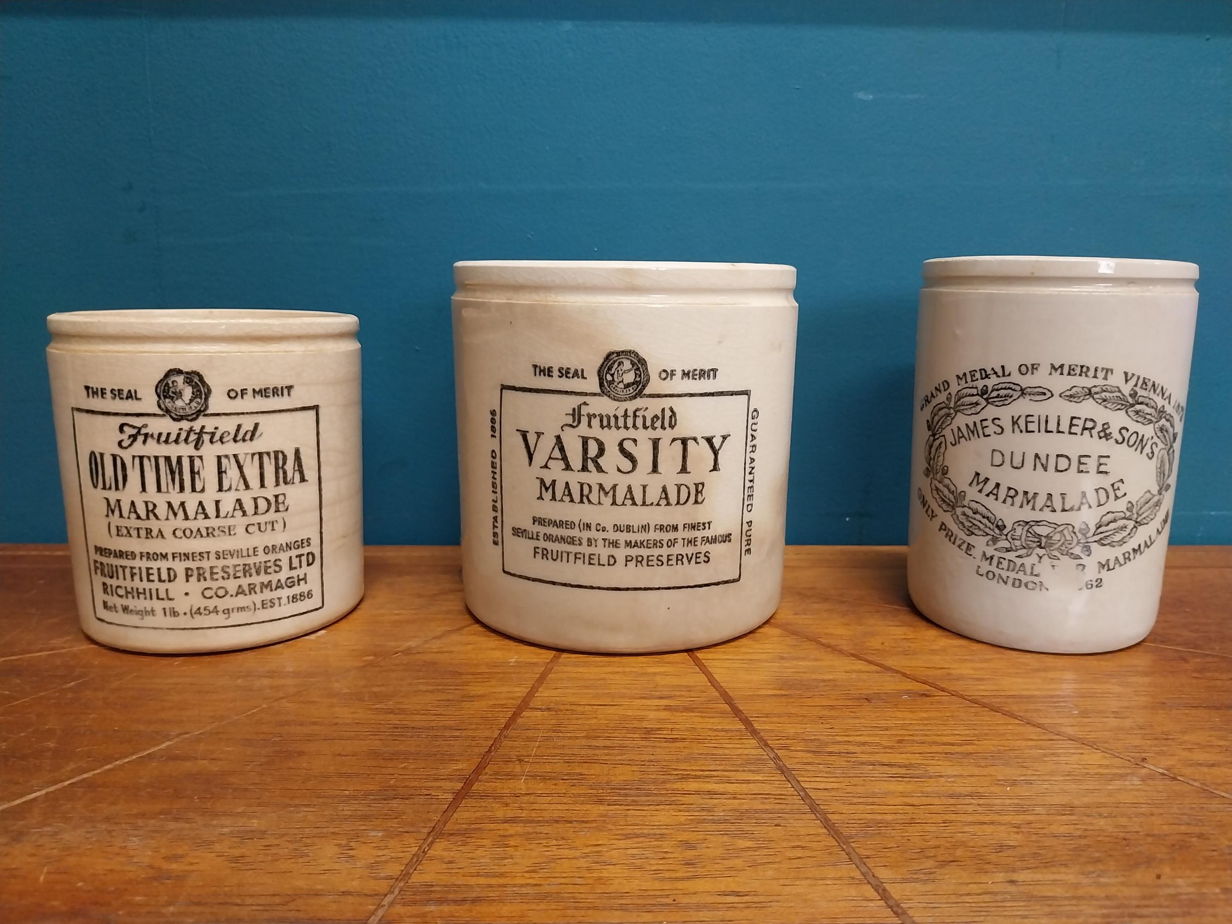 Three stoneware marmalade jars - Fruitfield Old Extra Time, Fruitfield Varsity and James Keiller