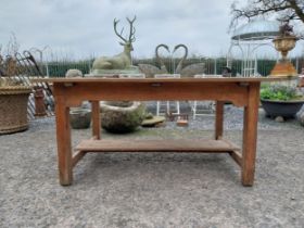 Early 20th C. pine kitchen table on square legs and single stretcher. {74 cm H x 153 cm W x 101 cm