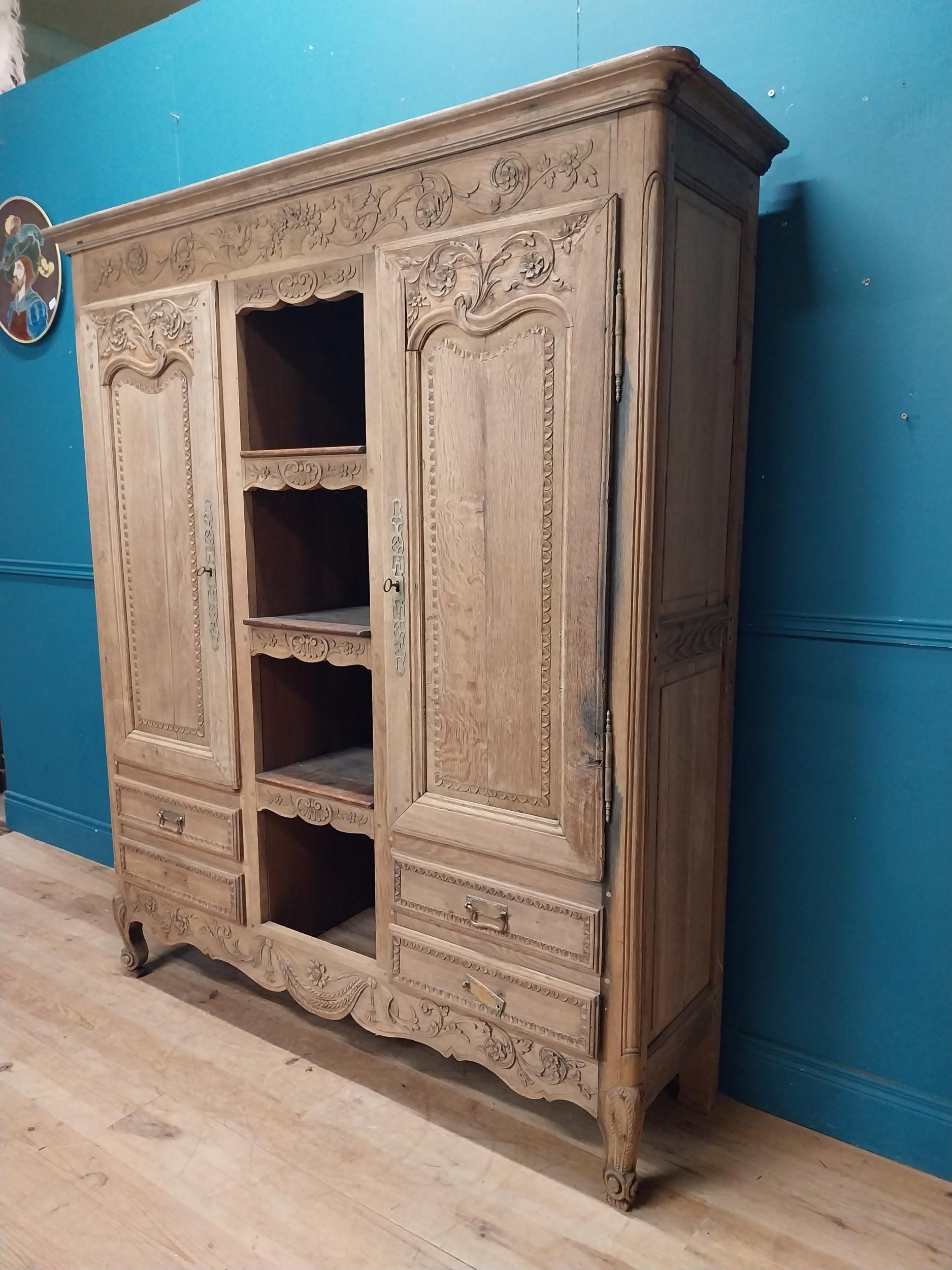 19th C. bleached oak kitchen cabinet with four open shelves in middle surrounded by two short - Image 2 of 11