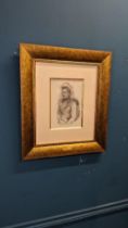 John B Yeats Lily Yeats pencil sketch mounted in frame {picture measurements 27 cm H x 17 cm W }.