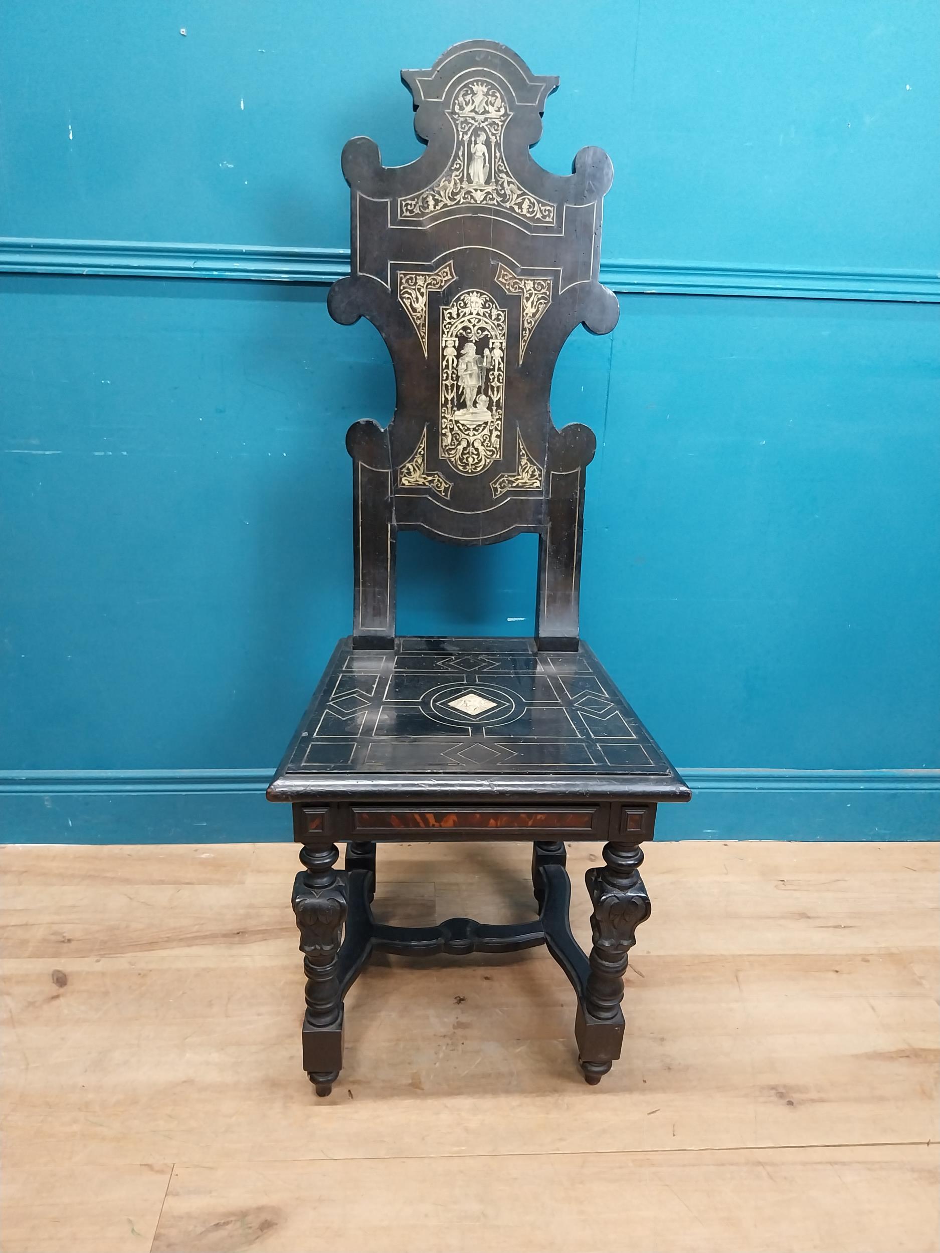 Pair of Aesthetic Movement ebonised hall chairs with inlaid bone decoration of Grecian imagery. {126 - Image 6 of 16