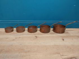 Set of five graduated copper saucepans with wrought iron handles. {20 cm H 42 cm W x 21 cm D} to {14