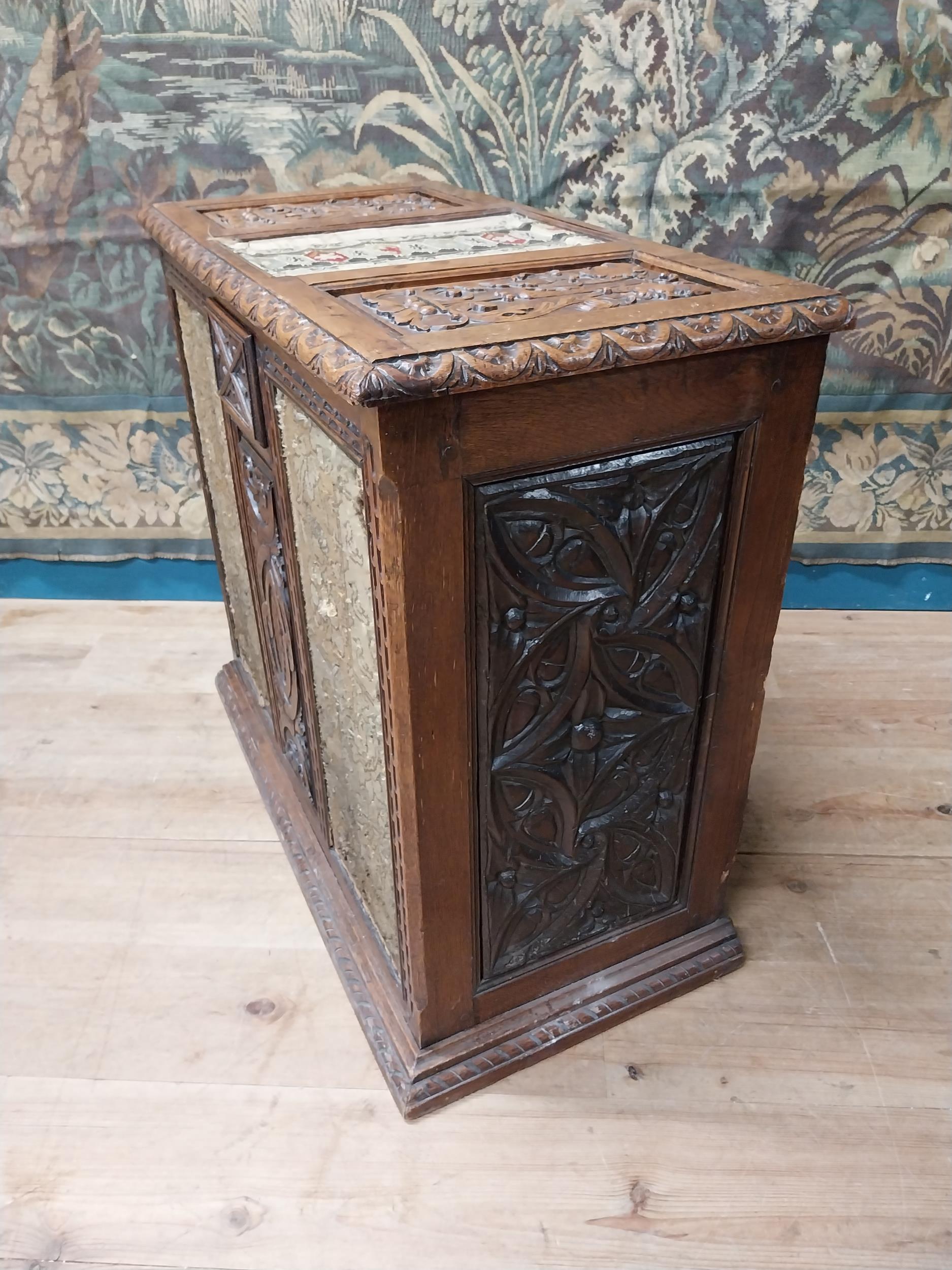 19th C. carved oak blanket box with tapestry panels {75 cm H x 85 cm W x 44 cm D}. - Image 7 of 8