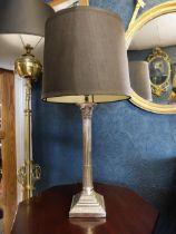 19th C. silver plate table lamp with cloth shade {78 cm H x 45 cm W x 45 cm D}.
