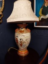 19th C. Oriental ceramic lamp with cloth shade {100 cm H x 60 cm Dia.}.