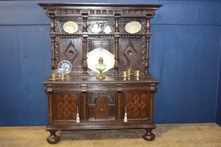 19th C. carved oak dresser with two inlaid doors {H 180cm x W 143cm x D 58cm }.