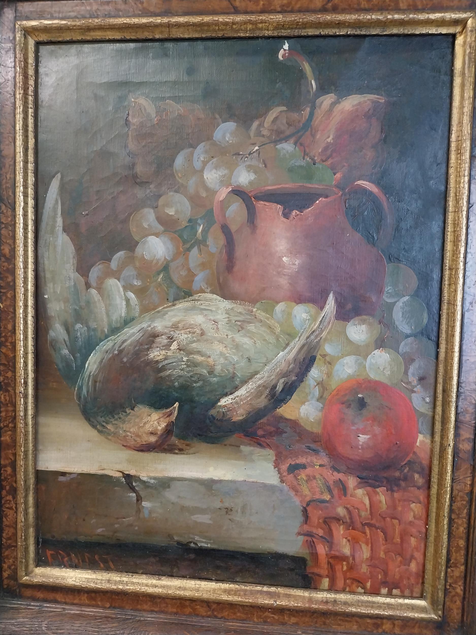 Early 20th C. oil on canvas - Still Life mounted in wooden frame {50 cm H x 40 cm W}. - Image 5 of 6