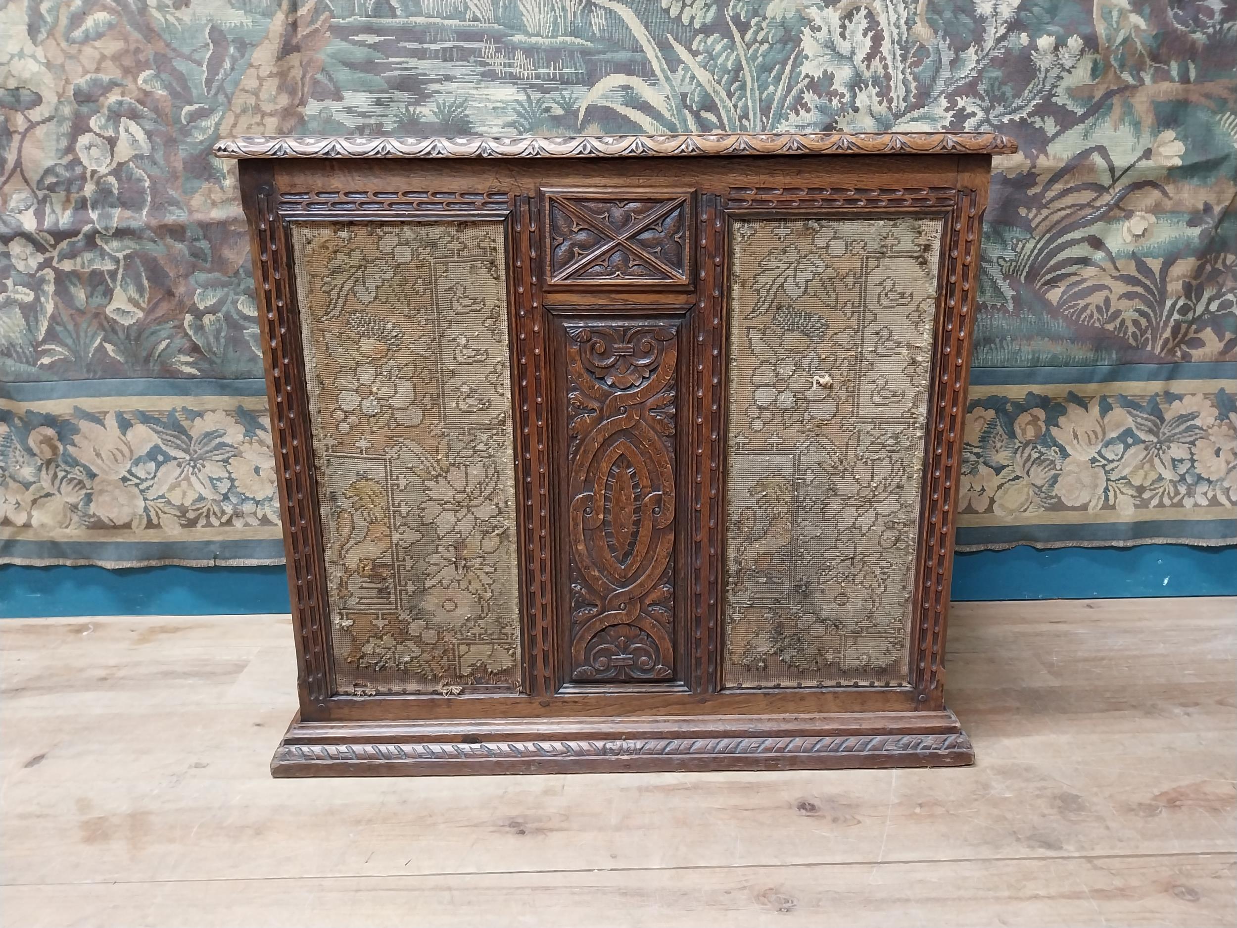 19th C. carved oak blanket box with tapestry panels {75 cm H x 85 cm W x 44 cm D}.