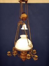 Brass three branch chandelier with opaline glass shade {H 120cm x Dia 50cm }.