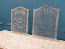 Pair of early 20th C. etched glass Billard panels {60 cm H x 44 cm W}.