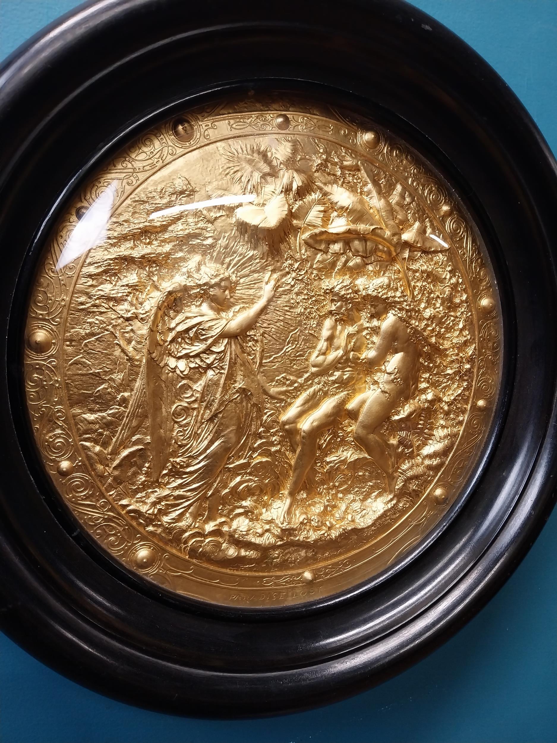 19th C. gilded ceramic plaque in wooden frame depicting Milton's Paradise Lost. {40 cm Dia.}. - Image 4 of 4