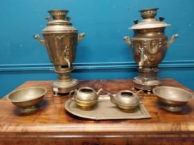 Two 19th C. brass samovars, two bowls, two teapots and tray. {47 cm H x 30 cm W x 27 cm D} and {46