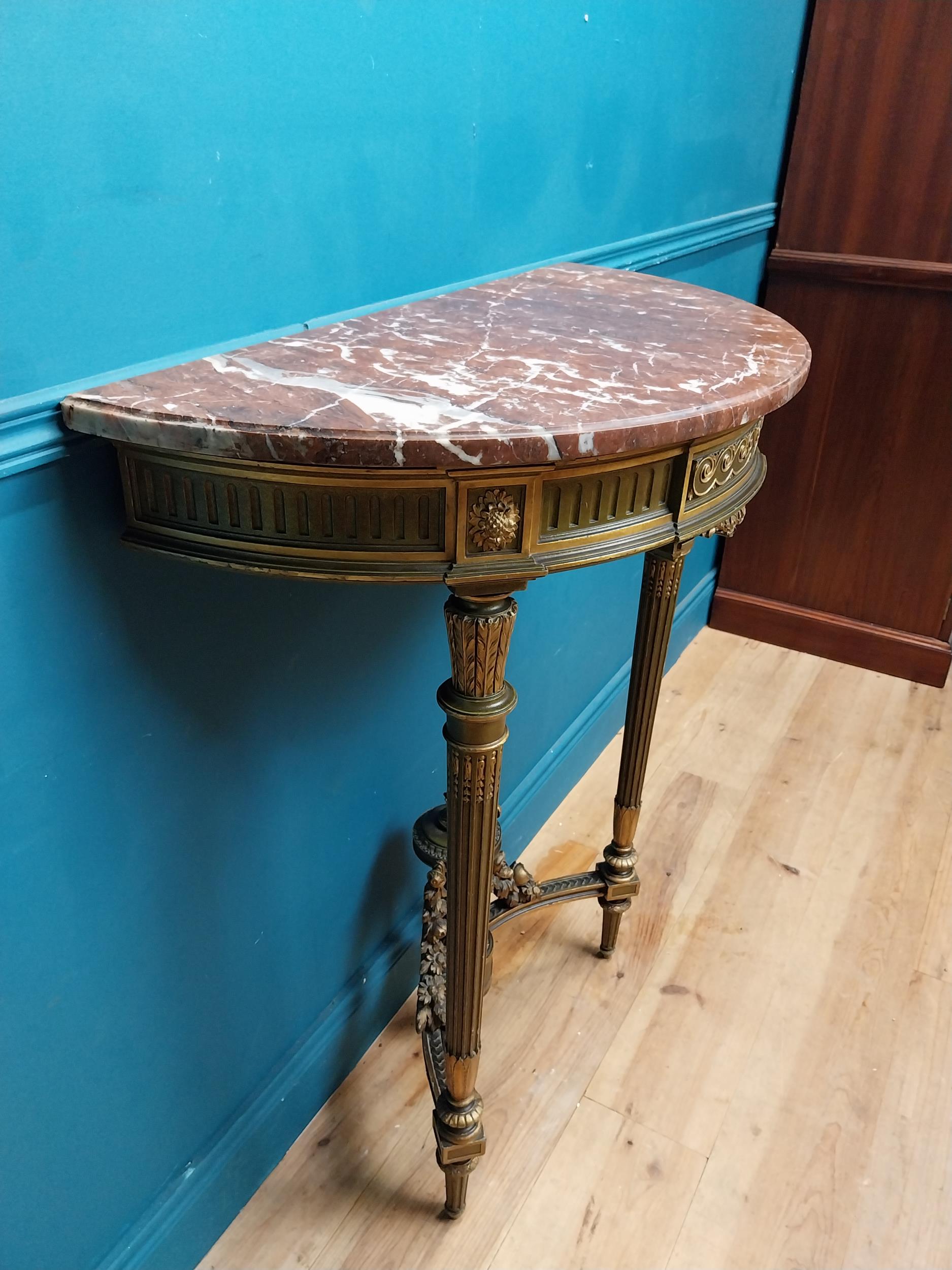 Good quality giltwood and painted console table with marble top on tapered reeded legs. {101 cm H - Image 6 of 7