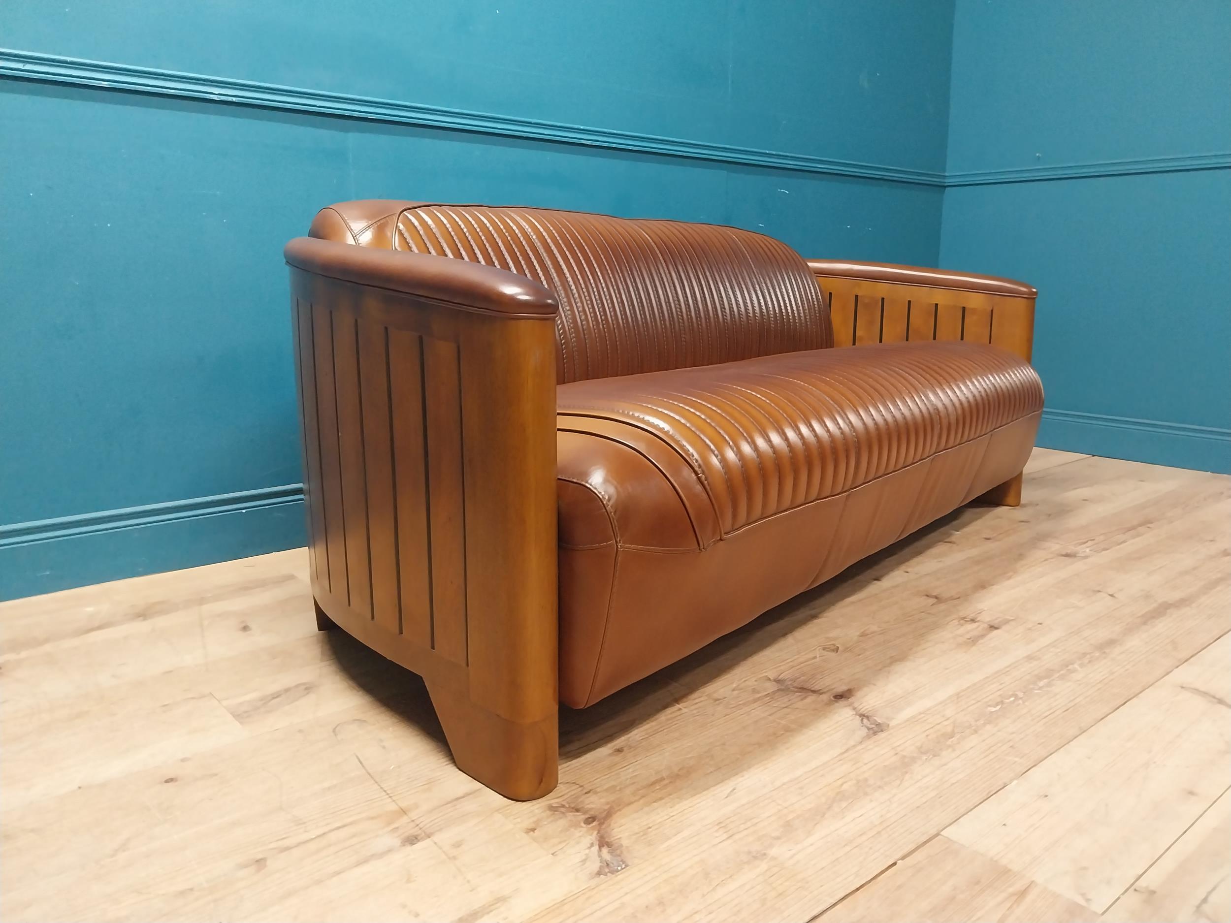 Exceptional quality hand dyed leather and cherrywood Aviator sofa. {} - Image 6 of 11