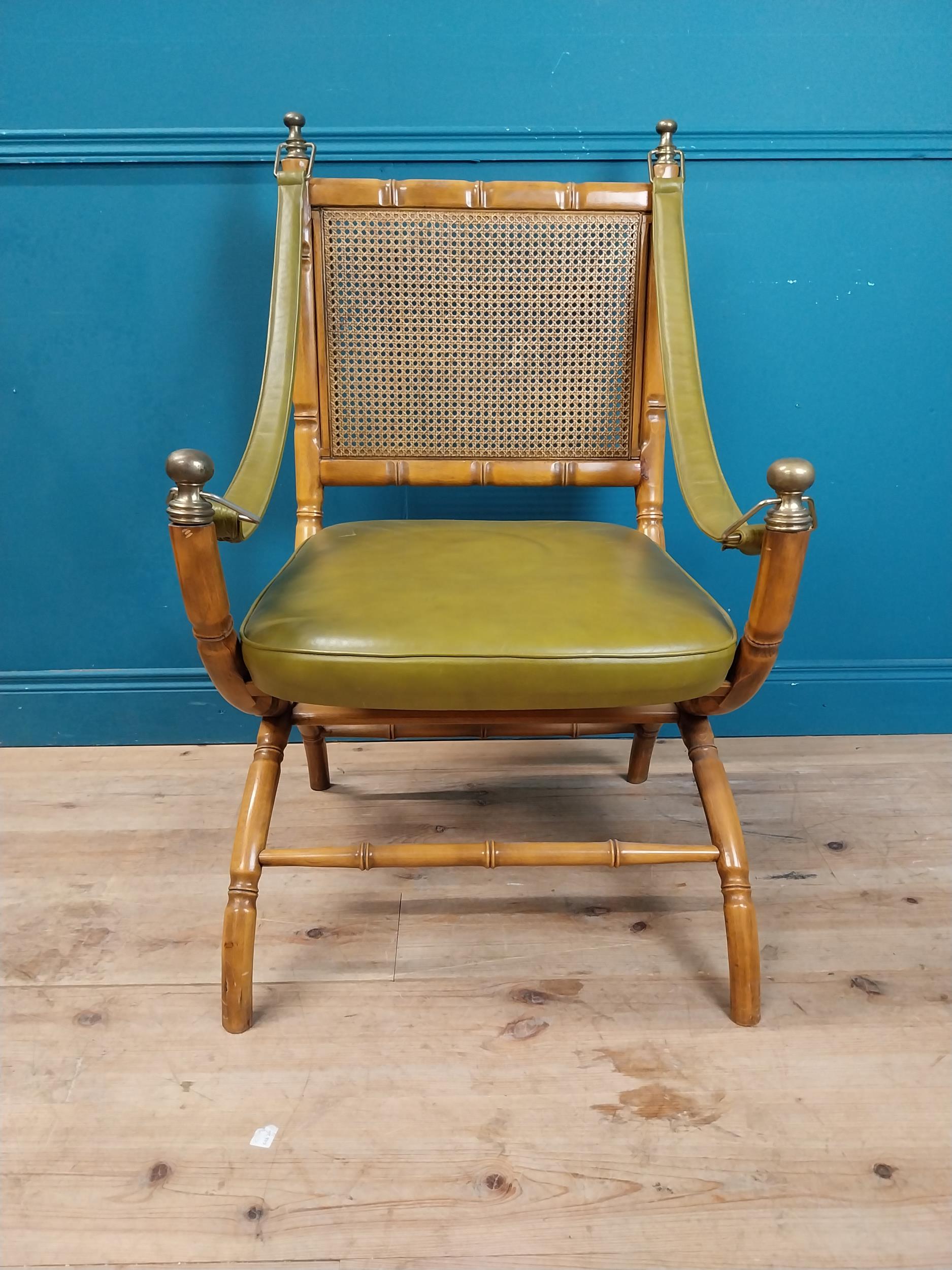 Good quality walnut and leather upholstered chair of lyre form with bergere back. {100 cm H x 70