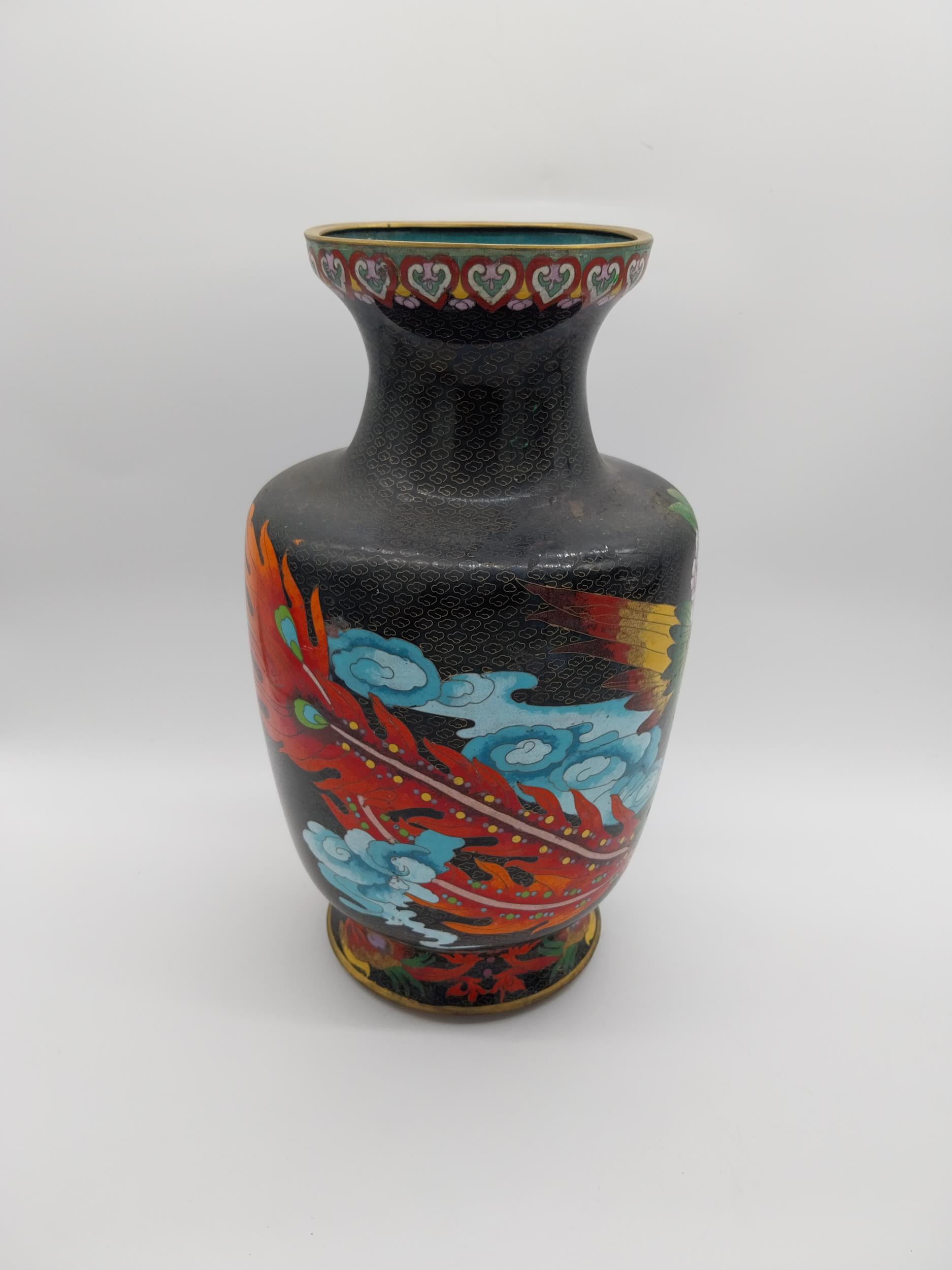 Decorative cloisonne vase decorated with cockerels. {39 cm H x 22 cm Dia.}. - Image 2 of 9