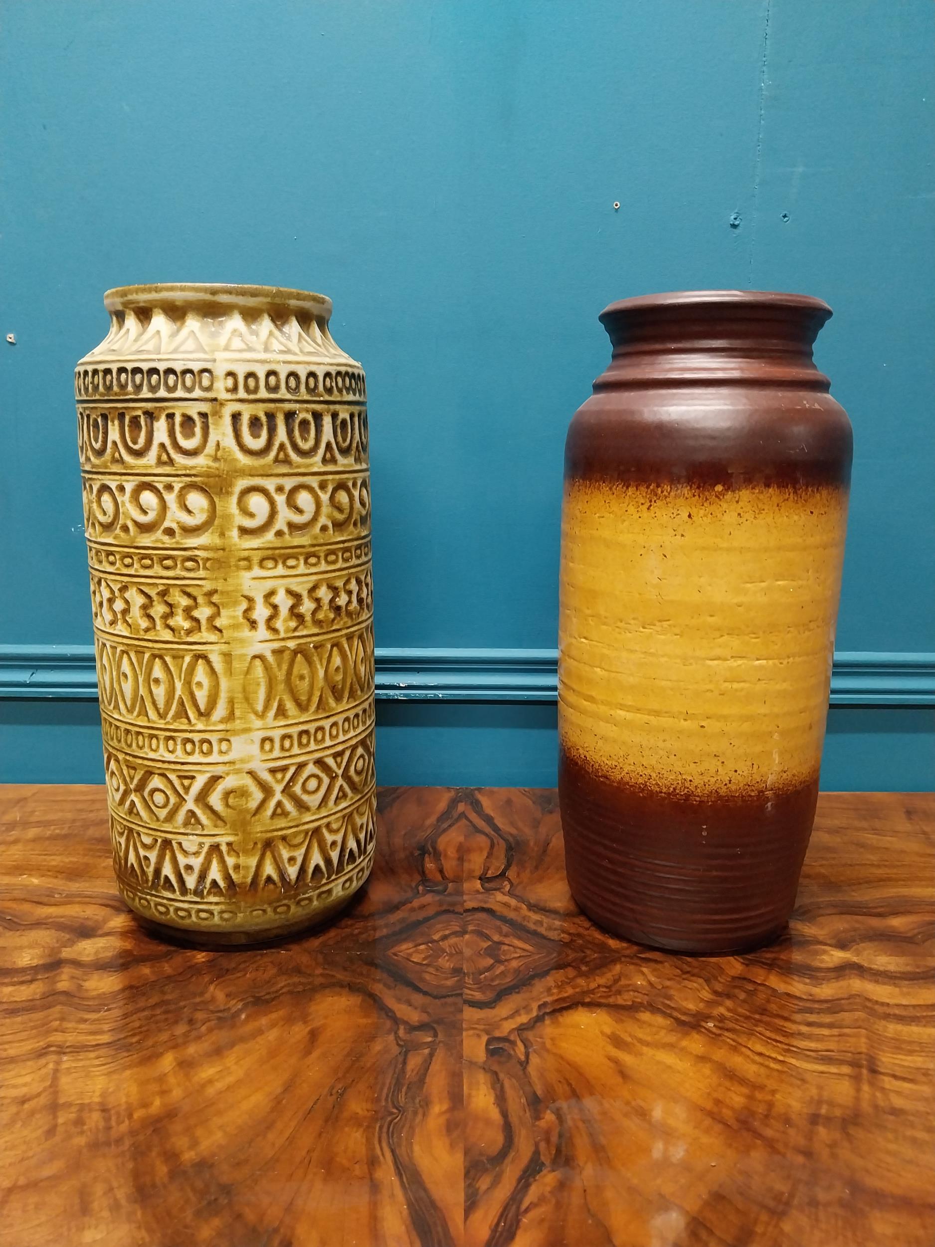 Two 1950's West German pottery vases. {40 cm H x 16 cm Dia.} and {41 cm H x 18 cm Dia.}.