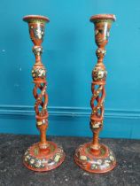 Pair of decorative painted wooden candlesticks. {52 cm H x 16 cm W x 16 cm D}.