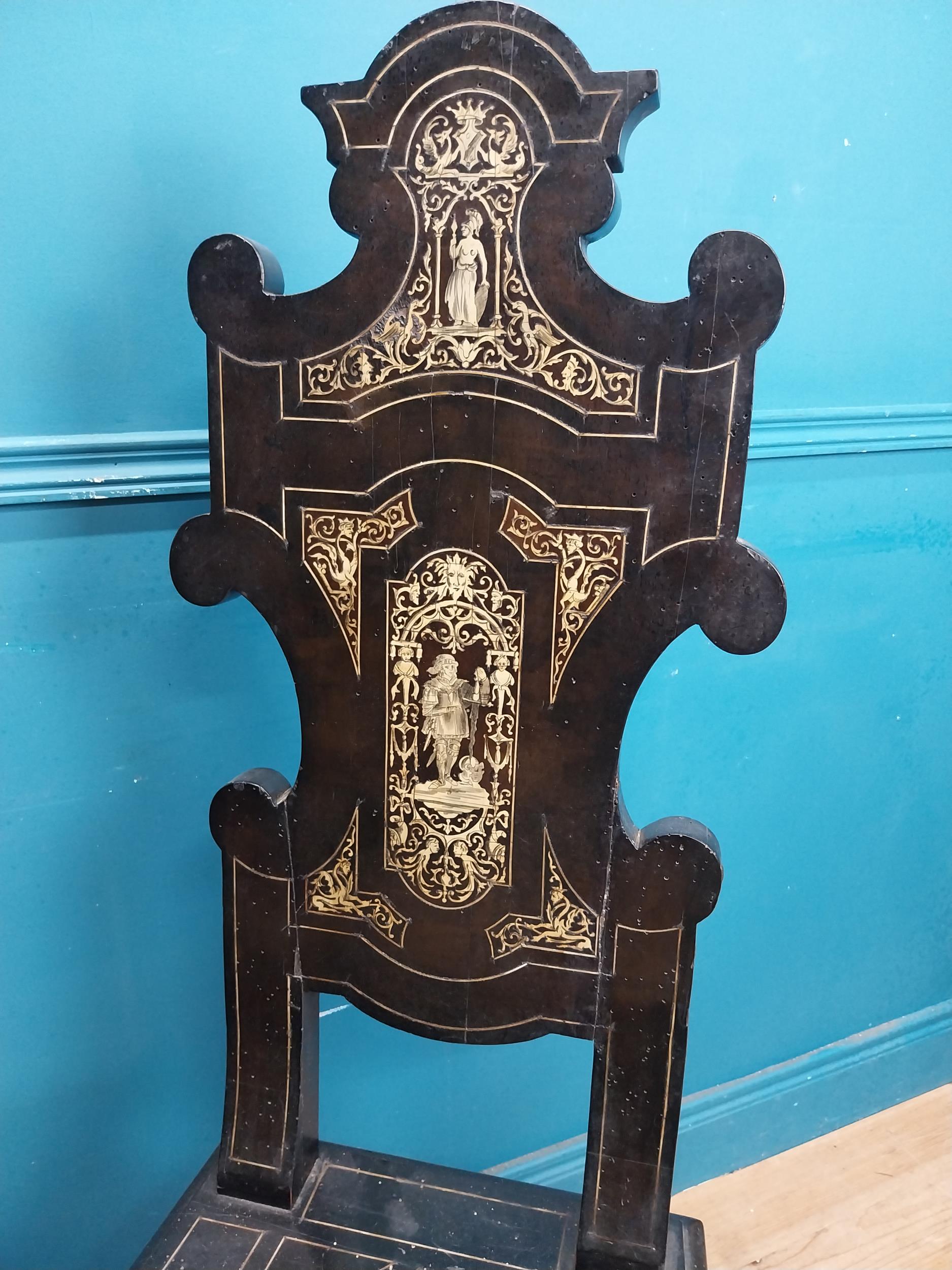 Pair of Aesthetic Movement ebonised hall chairs with inlaid bone decoration of Grecian imagery. {126 - Image 12 of 16