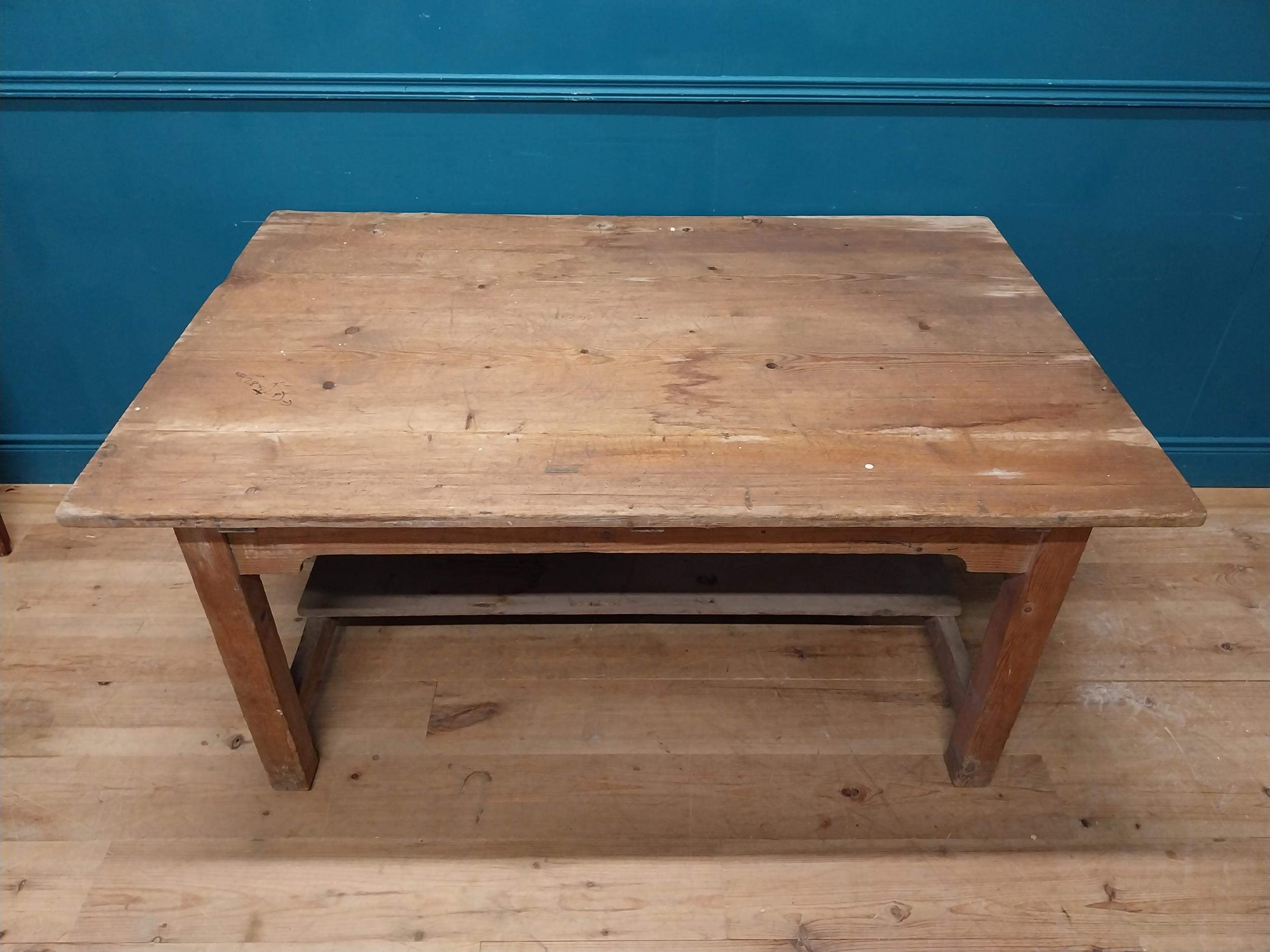 Early 20th C. pine kitchen table on square legs and single stretcher. {74 cm H x 153 cm W x 101 cm - Image 6 of 8