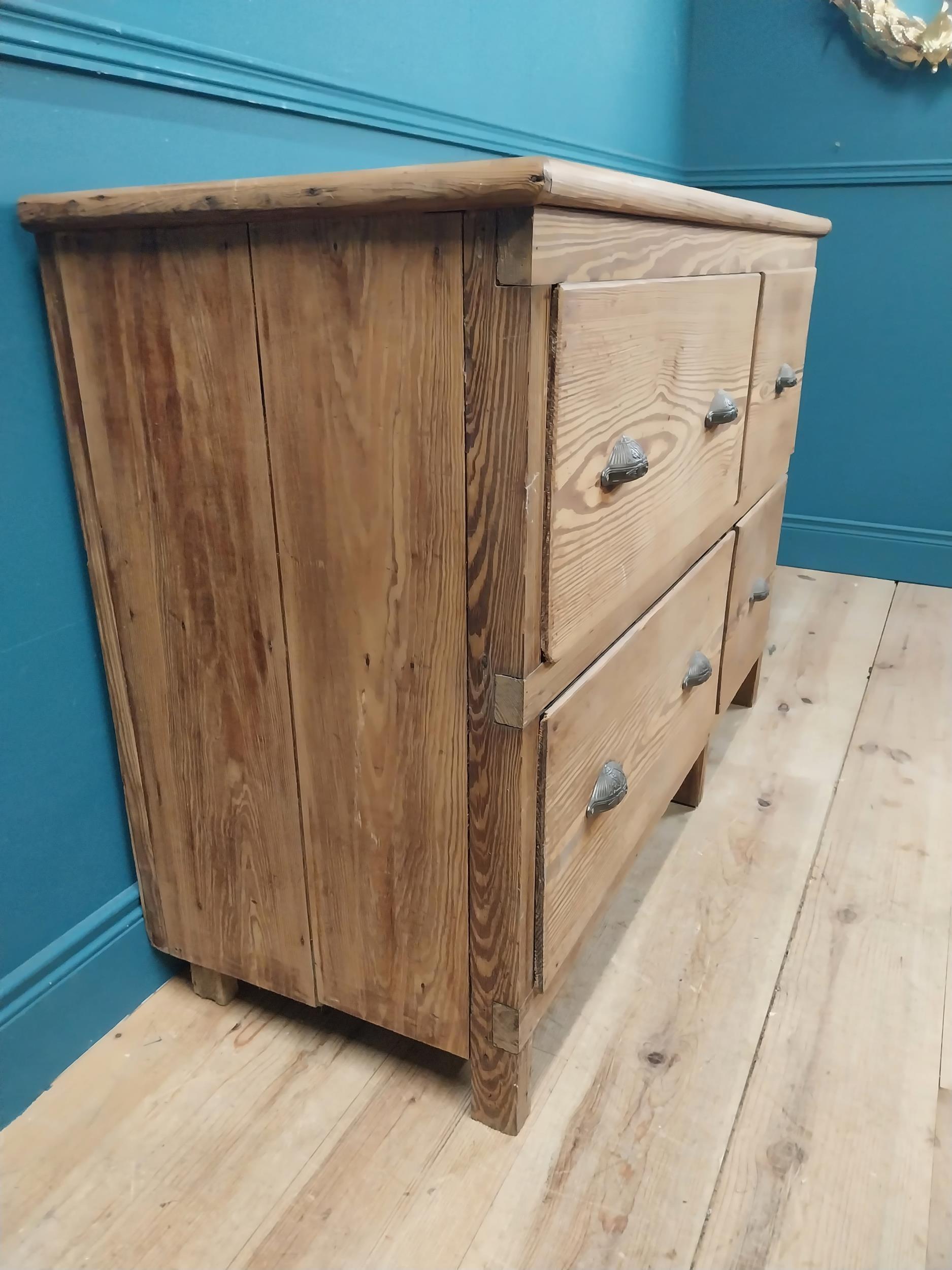 19th C. pine kitchen side cabinet with four drawers and decorative handles. {87 cm h x 119 cm W x 52 - Image 5 of 6